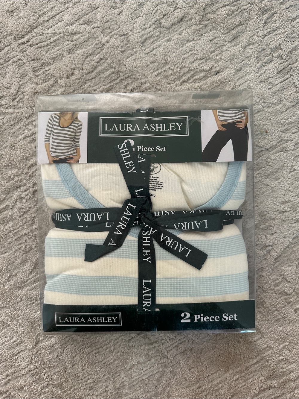 Laura Ashley Cream and Light Blue Striped 2-Piece Set